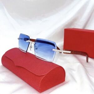 2026 Fashion Square Rimless Cut Lens Sunglasses Vintage Rhinestone Luxury - Blue